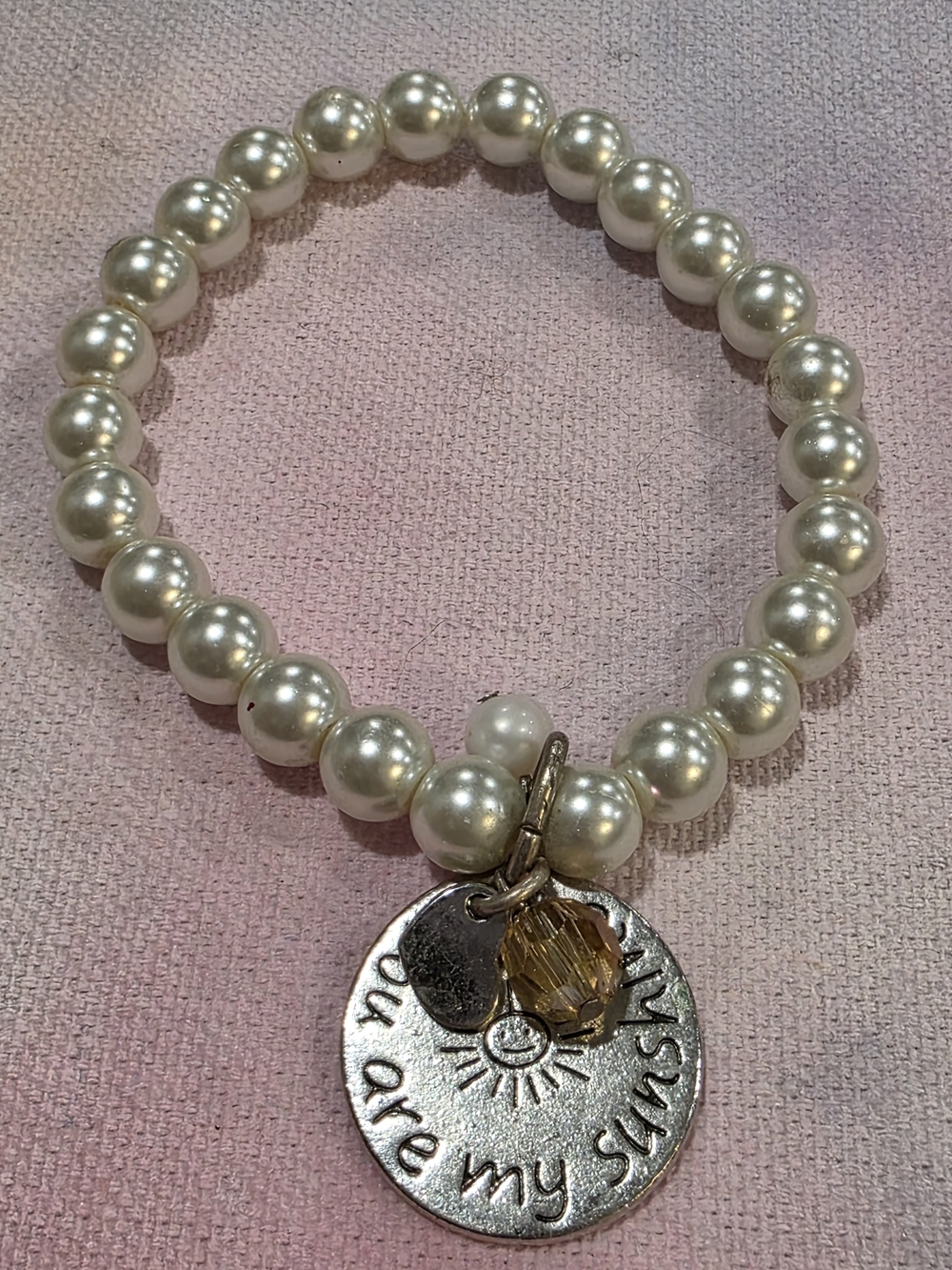 Freshwater Faux Pearl Stretch Bracelet with 'You Are My Sunshine' Charm - Ivory